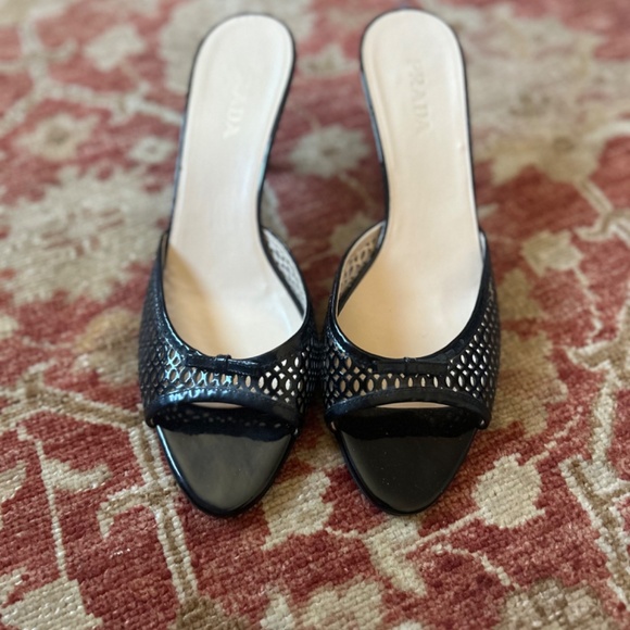 Black Prada Open Toe Kitten Heels with Patent Bows - Picture 2 of 6